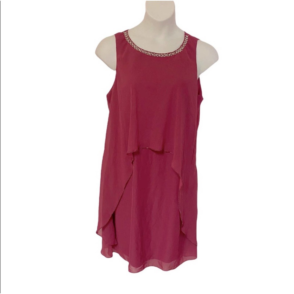 Midnight Velvet Georgette Shift Cocktail Party Guest Fuchsia Summer Beaded Dress - Picture 2 of 15